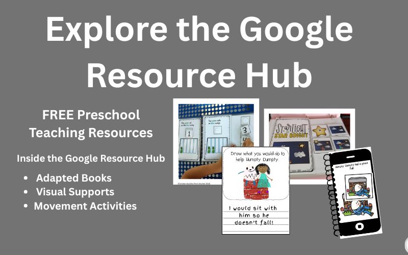 Free preschool teaching resources inside the Google Resource Hub including adapted books, visual supports, and movement activities